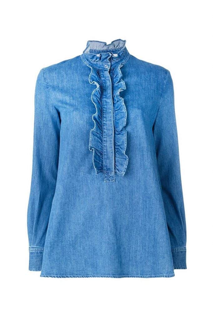 Stella McCartney Asymmeter Hem Upright Collar Applied Ruffles Denim Shirt | | 8 OOTD Celana Boyfriend Jeans Paling Keren Di 2022